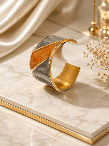 Luxury Geometric Gold Cuff Bracelet – Gray & Amber Marble Design