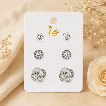 Swan Brand 3-Pair Silver-Plated Floral & Geometric Crystal Earring Set