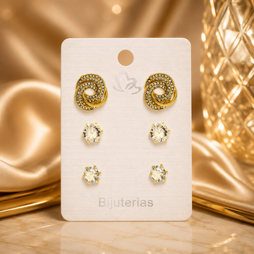 3-Pair Gold & Crystal Stud Earring Set