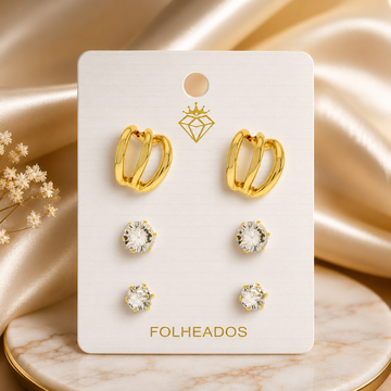 3-Pair Triple-Bar Gold Hoop & Crystal Set