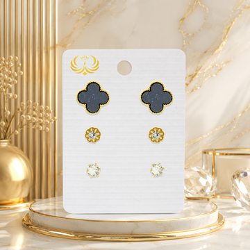 3-Pair Black Clover & Crystal Stud Set