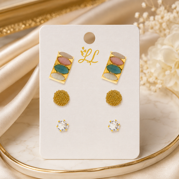 3-Pair Pastel Stone & Gold Stud Set