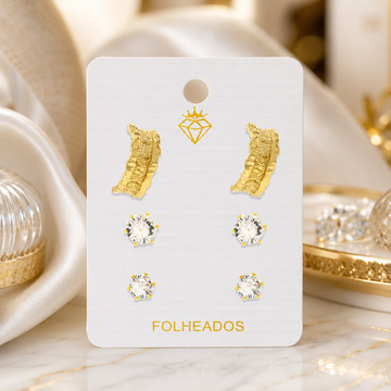 3-Pair Gold-Plated Textured C-Hoop & Crystal Stud Earring Set