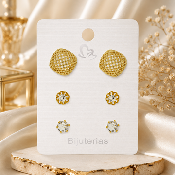 3-Pair Gold-Plated Woven Mesh & Flower Crystal Set