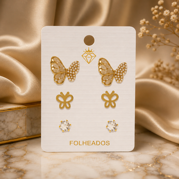 3-Pair Pearl Butterfly & Crystal Stud Earring Set