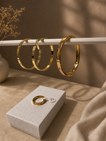 Gold Screw Design Jewelry Set – Earrings, Bracelet Cuff & Ring