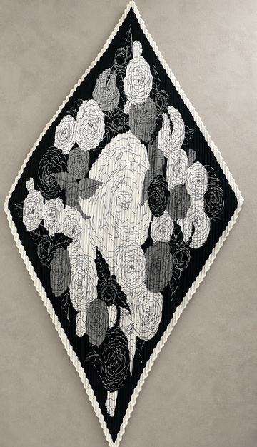 Elegant Monochrome Pleated Floral Diamond Scarf