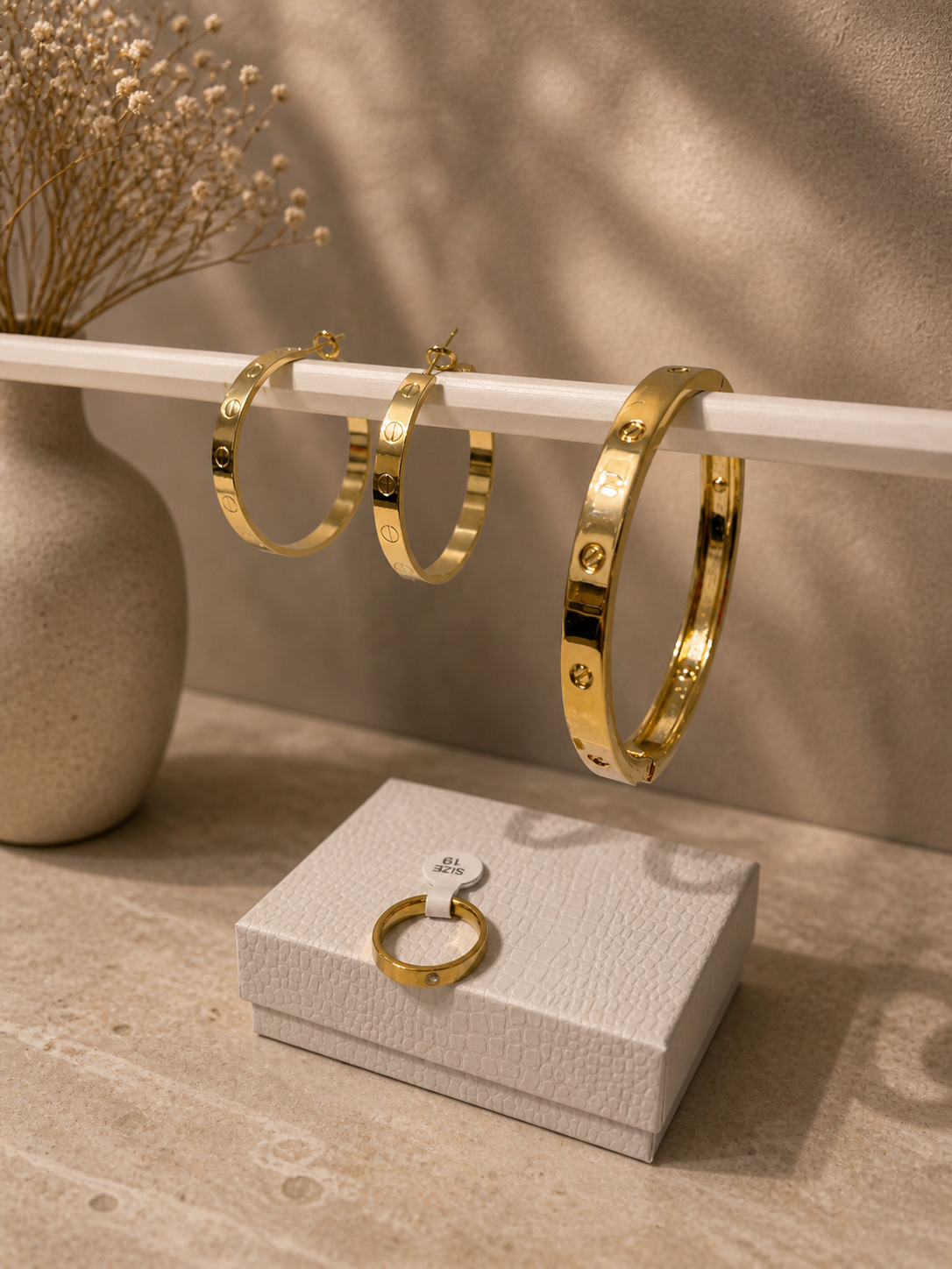 Gold Screw Design Jewelry Set – Earrings, Bracelet Cuff & Ring