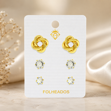 3-Pair Gold-Plated Knot & Cubic Zirconia Stud Earring Set