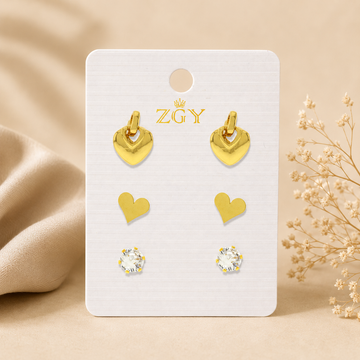 ZGY 3-Pair Gold-Plated Heart & Crystal Earring Set