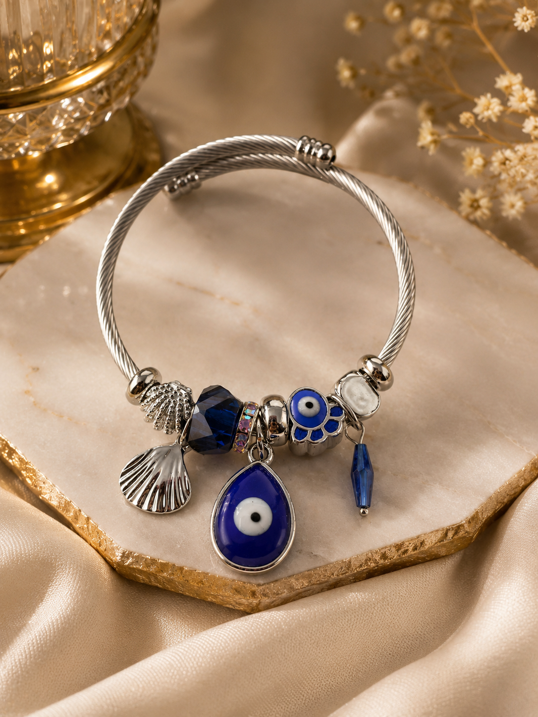 Blue Evil Eye Charm Bracelet – Silver Adjustable Bracelet