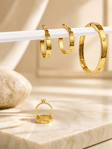 Luxury Gold 4-Piece Jewelry Set – Hoop Earrings, Bracelet Cuff & Double Rings