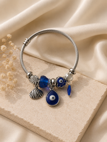 Blue Evil Eye Charm Bracelet – Silver Adjustable Bracelet