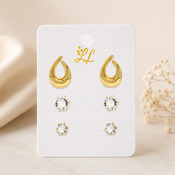 3-Pair Gold Abstract Drop & Crystal Set