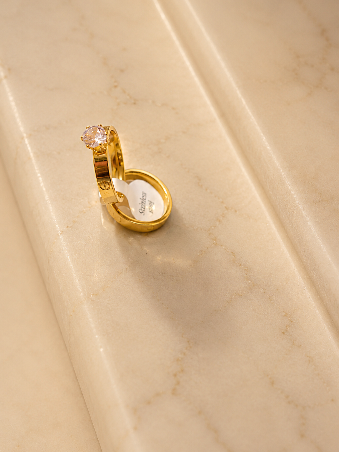 Gold Crystal Screw Motif Ring Set – 2 Rings